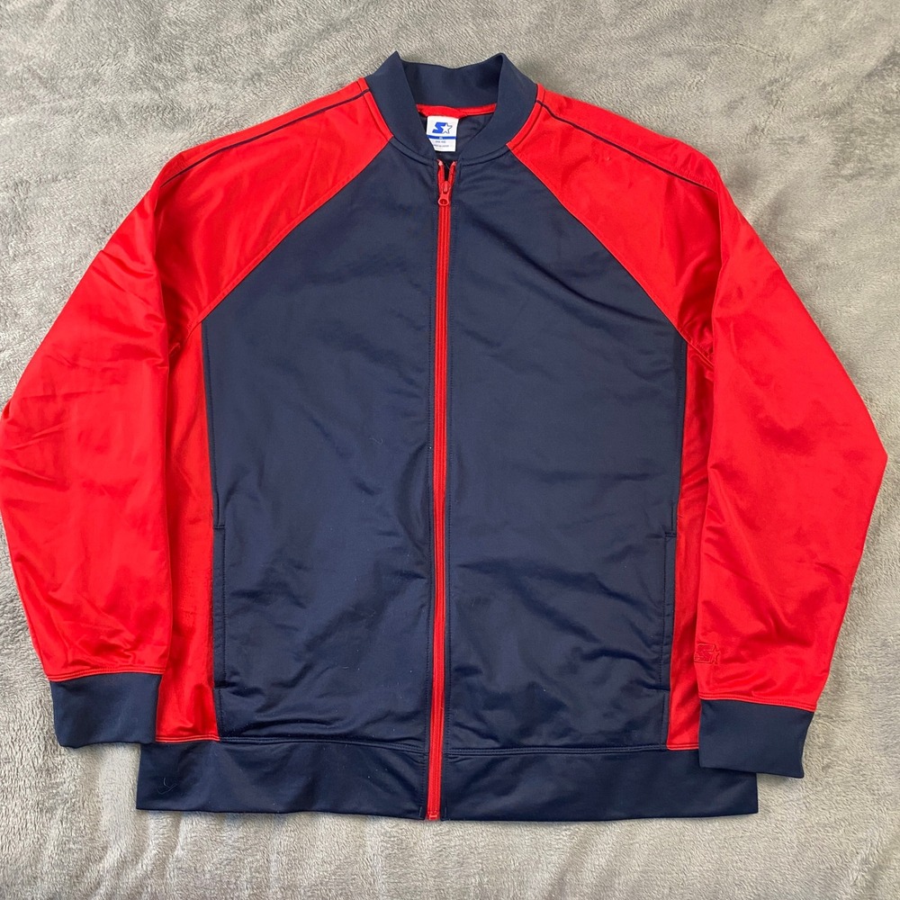 Vintage Starter Track Jacket XL Navy Blue Red Colorblock Full Zip Raglan Bomber